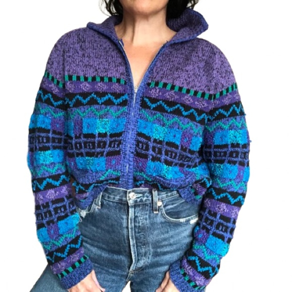 Vintage Multicolor Hand Knit Zip Up Boxy Cropped Cardigan Sweater Sigrid Olsen